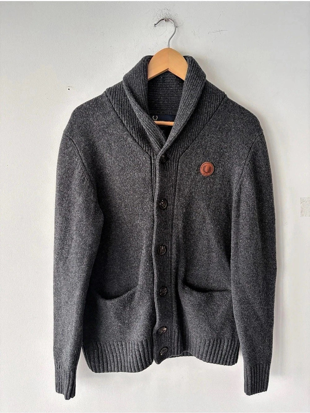 Fred Perry Mens 100% Lamb Wool Shawl Collar Cardigan Sweater Size M
